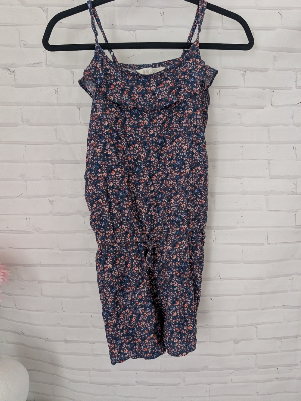 H&M Navy and Pink Floral Spaghetti-Strap Romper
